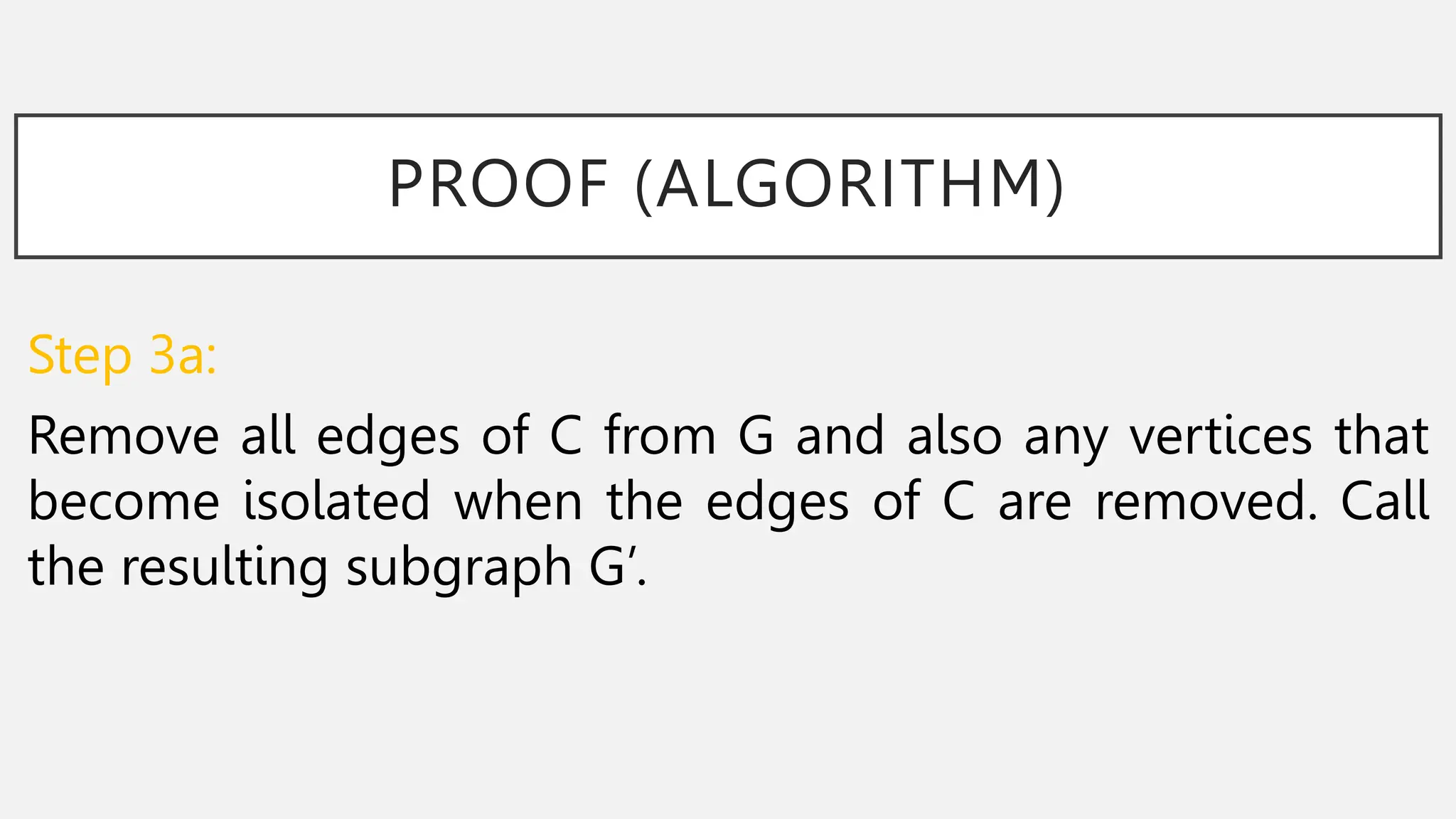 PROOF (ALGORITHM)
Step 3a:
Remove all edges of C from G and also any vertices that
become isolated when the edges of C are removed. Call
the resulting subgraph G’.
 