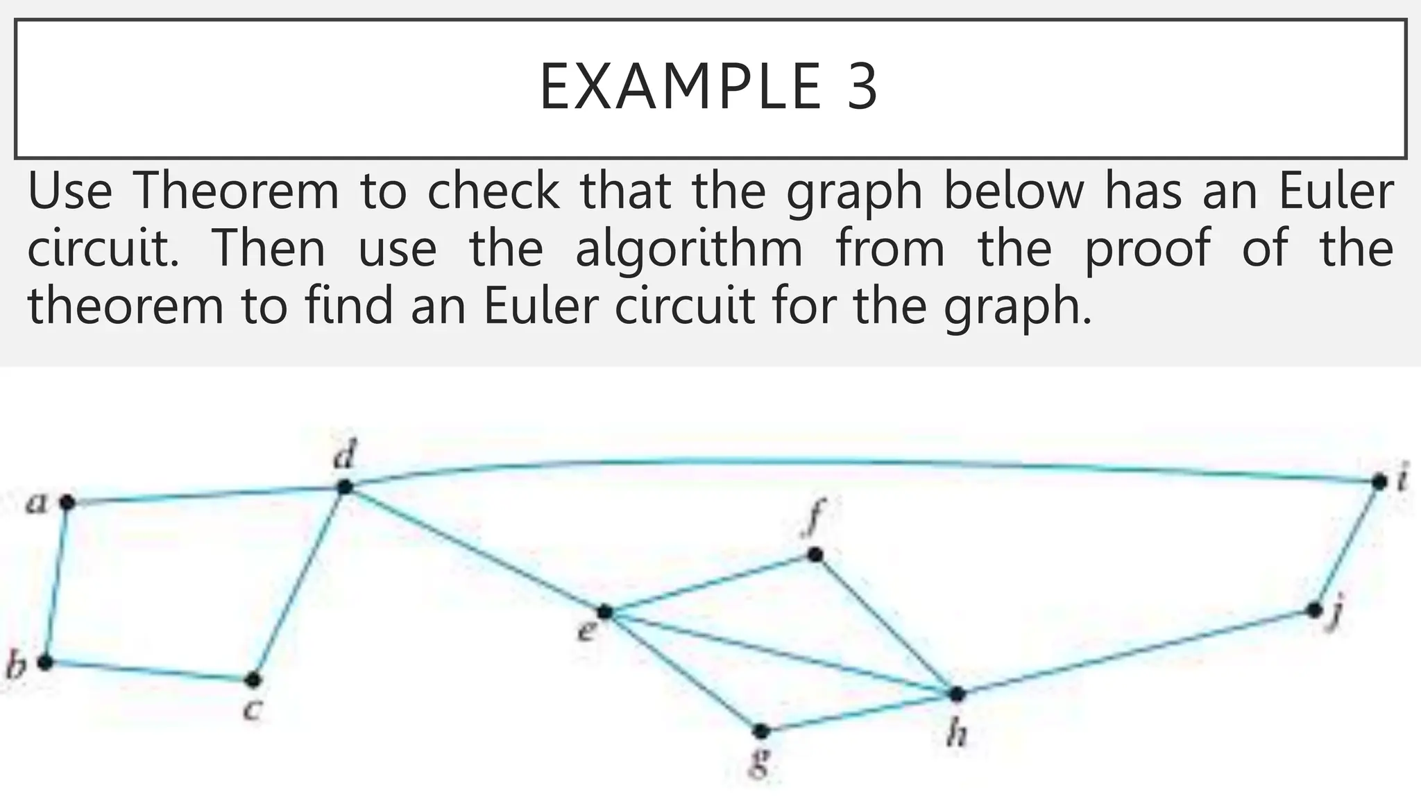 EXAMPLE 3
Use Theorem to check that the graph below has an Euler
circuit. Then use the algorithm from the proof of the
theorem to find an Euler circuit for the graph.
 
