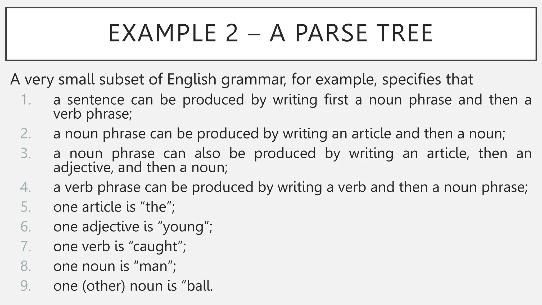 EXAMPLE 2 – A PARSE TREE
A very small subset of English grammar, for example, specifies that
1. a sentence can be produced by writing first a noun phrase and then a
verb phrase;
2. a noun phrase can be produced by writing an article and then a noun;
3. a noun phrase can also be produced by writing an article, then an
adjective, and then a noun;
4. a verb phrase can be produced by writing a verb and then a noun phrase;
5. one article is “the”;
6. one adjective is “young”;
7. one verb is “caught”;
8. one noun is “man”;
9. one (other) noun is “ball.
 