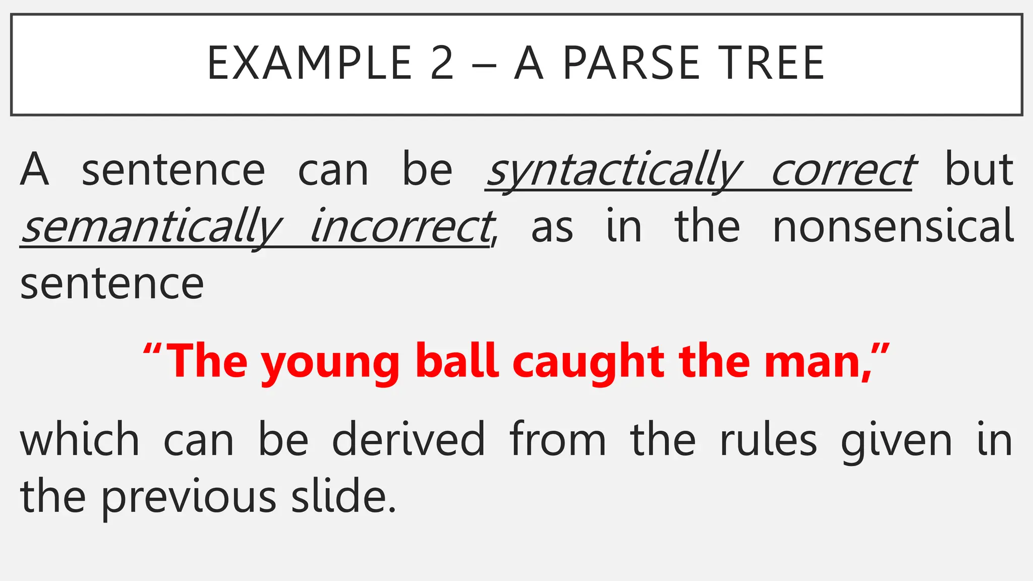 EXAMPLE 2 – A PARSE TREE
A sentence can be syntactically correct but
semantically incorrect, as in the nonsensical
sentence
“The young ball caught the man,”
which can be derived from the rules given in
the previous slide.
 