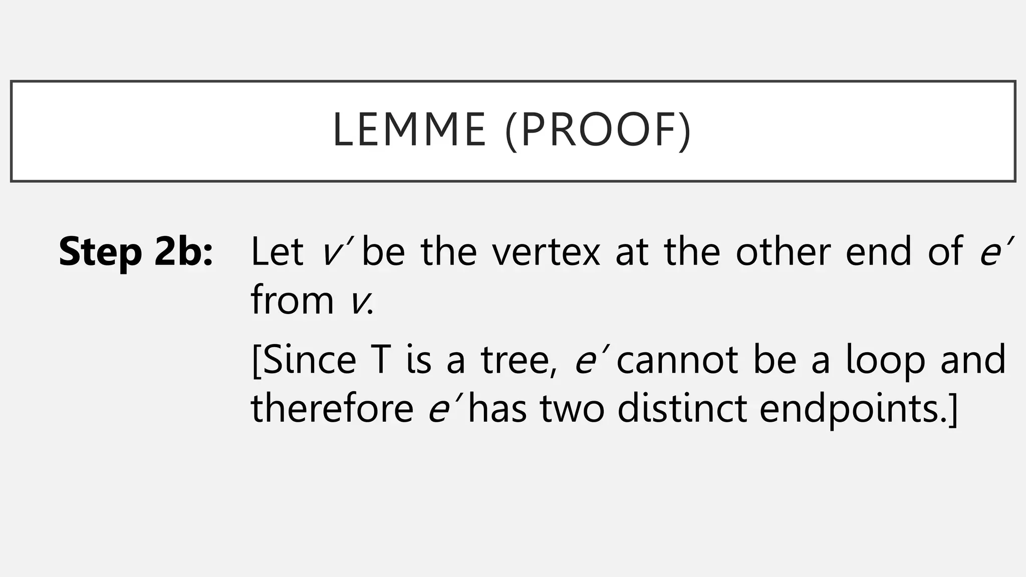 LEMME (PROOF)
Step 2b: Let v’ be the vertex at the other end of e’
from v.
[Since T is a tree, e’ cannot be a loop and
therefore e’ has two distinct endpoints.]
 