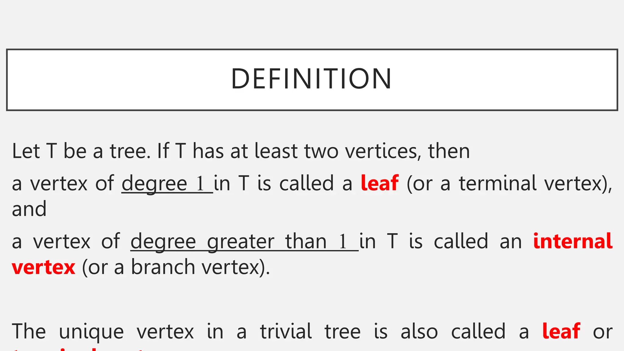 DEFINITION
Let T be a tree. If T has at least two vertices, then
a vertex of degree 1 in T is called a leaf (or a terminal vertex),
and
a vertex of degree greater than 1 in T is called an internal
vertex (or a branch vertex).
The unique vertex in a trivial tree is also called a leaf or
 