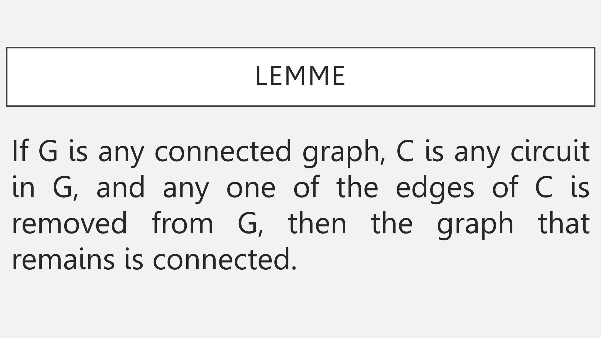 LEMME
If G is any connected graph, C is any circuit
in G, and any one of the edges of C is
removed from G, then the graph that
remains is connected.
 