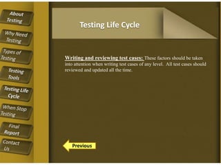 Testing Life Cycle

Writing and reviewing test cases: These factors should be taken
into attention when writing test cases of any level. All test cases should
reviewed and updated all the time.

Previous

 