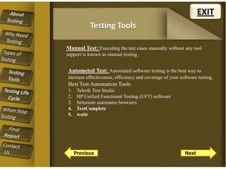 EXIT
Testing Tools
Manual Test: Executing the test cases manually without any tool
support is known as manual testing.

Autometed Test: Automated software testing is the best way to
increase effectiveness, efficiency and coverage of your software testing .

Best Test Automation Tools
1.
2.
3.
4.
5.

Telerik Test Studio
HP Unified Functional Testing (UFT) software
Selenium automates browsers
TestComplete
watir

Previous

Next

 