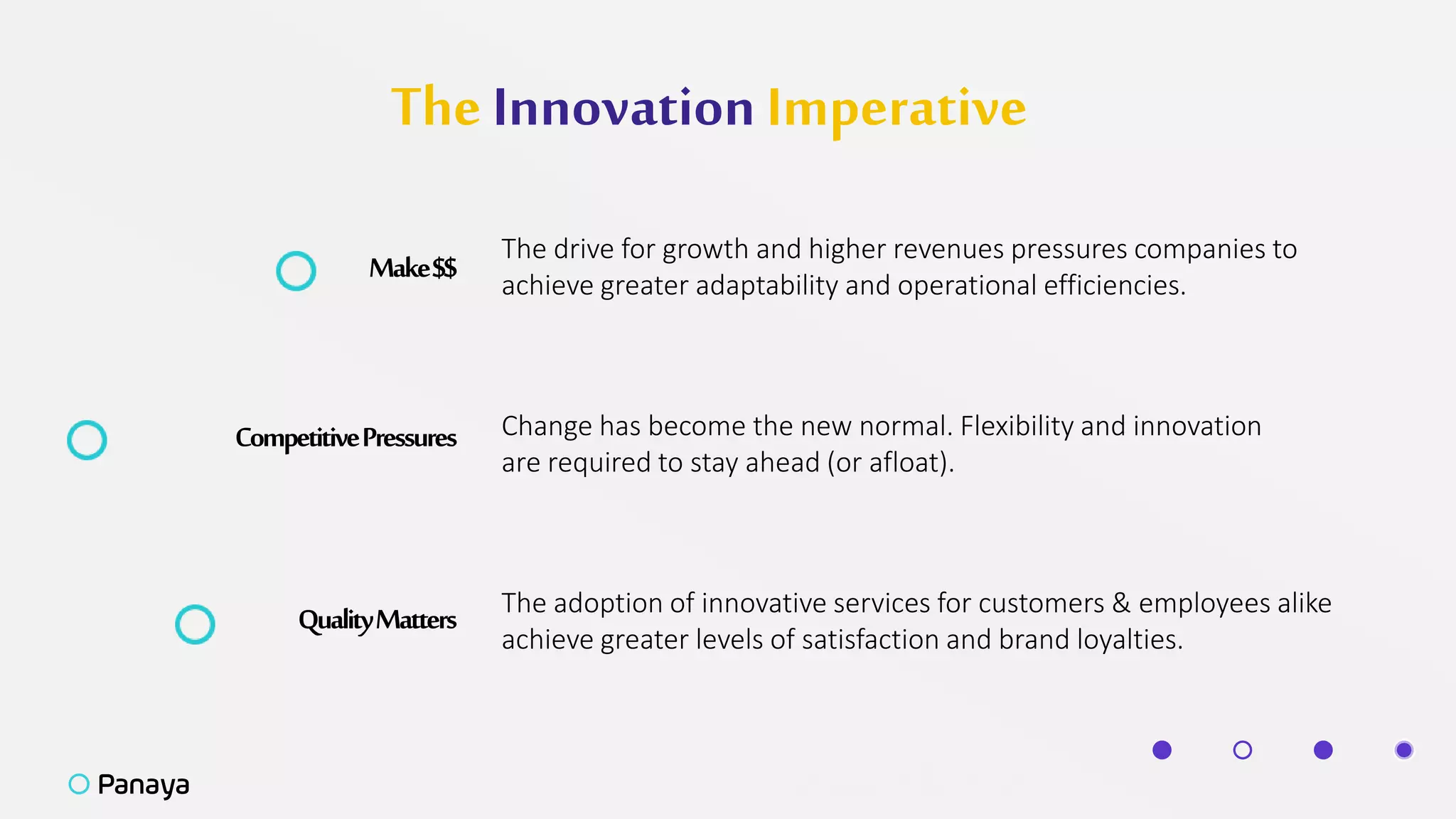 The Innovation Imperative
Make$$
The drive for growth and higher revenues pressures companies to
achieve greater adaptability and operational efficiencies.
CompetitivePressures Change has become the new normal. Flexibility and innovation
are required to stay ahead (or afloat).
QualityMatters The adoption of innovative services for customers & employees alike
achieve greater levels of satisfaction and brand loyalties.
 