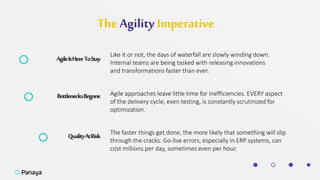The Agility Imperative
AgileIsHereToStay
Like it or not, the days of waterfall are slowly winding down.
Internal teams are being tasked with releasing innovations
and transformations faster than ever.
BottlenecksBegone Agile approaches leave little time for inefficiencies. EVERY aspect
of the delivery cycle, even testing, is constantly scrutinized for
optimization.
QualityAtRisk The faster things get done, the more likely that something will slip
through the cracks. Go-live errors, especially in ERP systems, can
cost millions per day, sometimes even per hour.
 