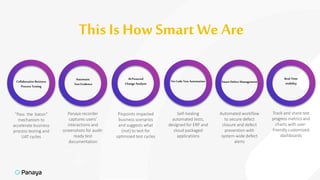 ThisIs How SmartWeAre
AI-Powered
Change Analysis
Pinpoints impacted
business scenarios
and suggests what
(not) to test for
optimized test cycles
Real-Time
visibility
Track and share test
progress metrics and
charts with user-
friendly customized
dashboards
Collaborative Business
Process Testing
“Pass the baton”
mechanism to
accelerate business
process testing and
UAT cycles
Automated workflow
to secure defect
closure and defect
prevention with
system-wide defect
alerts
Smart Defect Management
Automatic
Test Evidence
Panaya recorder
captures users’
interactions and
screenshots for audit-
ready test
documentation
No Code Test Automation
Self-healing
automated tests,
designed for ERP and
cloud packaged
applications
 