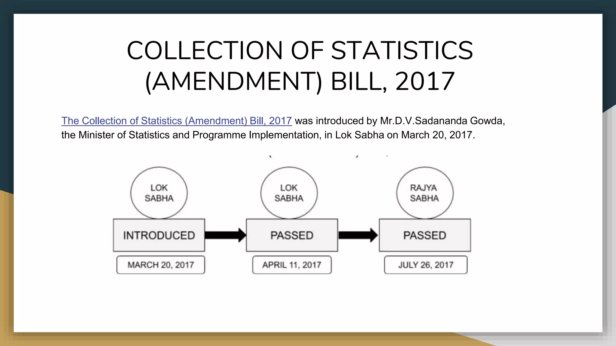 COLLECTION OF STATISTICS
(AMENDMENT) BILL, 2017
The Collection of Statistics (Amendment) Bill, 2017 was introduced by Mr.D.V.Sadananda Gowda,
the Minister of Statistics and Programme Implementation, in Lok Sabha on March 20, 2017.
 