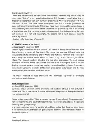 Chandresh_K5 July 2013
I loved the performances of Dev Anand and Waheeda Rehman very much. They are
impeccable. "Guide" is very good adaptation of R.K. Narayan's novel. Vijay Anand's
direction is excellent as well. S.D. Burman's great music. All songs are very good. "Gata
rahe mera dil" and "Tere mere sapne" are my favourite. This is one the greatest movie
made in Indian Cinema till date. This movie have many memorable scenes. Guide is
about the many critical situations of life. Ensemble has played a key role in the journey
of lead characters. The narrative structure is done well. The dialogue is for the most
part excellent - it is rich and meaningful. The second half is much stronger than the
first as my opinion.
10 out of 10 for this movie of course!!!!
MY REVIEW: Ahead of its times!!
saytosandeep17 November 2011
Director Vijay Anand casts his star brother Dev Anand in a story which demands more
than charming presence of Dev Anand. The movie has two very different plots, one
about the love hate relationship of Dev Anand and Waheeda Rehman, and second Dev
Anand being mistaken as a saint who is on fast to bring rains in the drought affected
village. Vijay Anand excels in blending the two plots seamlessly. The post interval
portion of the movie where Dev Anand's character start realizing the truth of life and
death are the scenes where the movie touches the quality of being classic. The movie is
packed with wonderful music by S.D.Burman, great songs picturization and the most
accomplished performances by its lead actors.
This movie released in 1965 showcases the Bollywood capability of producing
international level of cinema.
A life truly possible
prashant40710 November 2011
Guide is a movie wherein all the emotions and reactions of love is well pictured. A
simple man falls in love for the first time and cannot accept failure, though his love was
very unconventional.
Failure in love makes him,"What worse can happen, I have already felt enough pain".
He becomes Devdas and Dev D of modern times. His wants his love to see the pain and
suffering he is going through.
In an unprecedented event he went to jail and later realize that there are other things
in life worth living for. In those days going to Jail is a serious character assassination for
non-political person.
Trivia
Showing all 40 items
 
