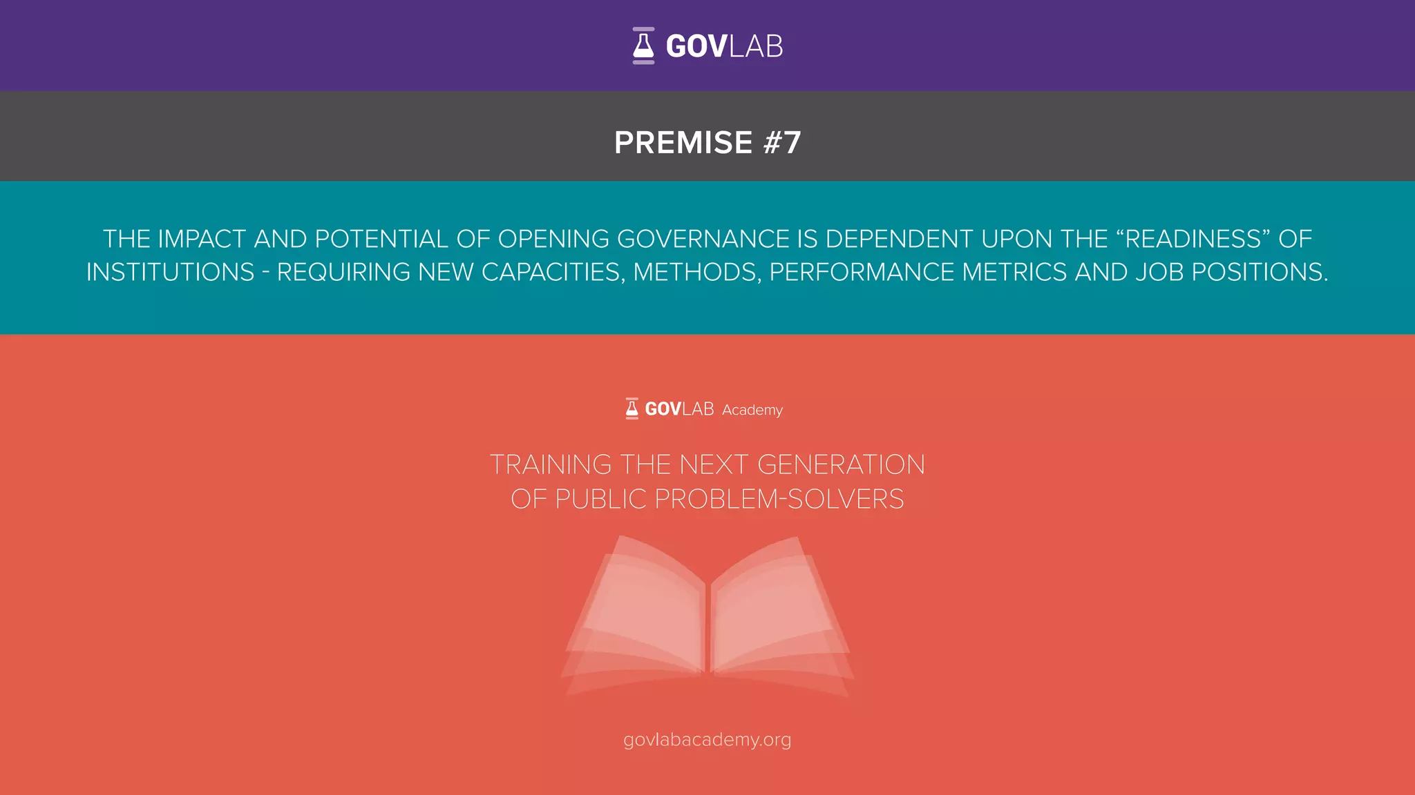 PREMISE #7
THE IMPACT AND POTENTIAL OF OPENING GOVERNANCE IS DEPENDENT UPON THE “READINESS” OF
INSTITUTIONS - REQUIRING NEW CAPACITIES, METHODS, PERFORMANCE METRICS AND JOB POSITIONS.
TRAINING THE NEXT GENERATION
OF PUBLIC PROBLEM-SOLVERS
Academy
govlabacademy.org
 