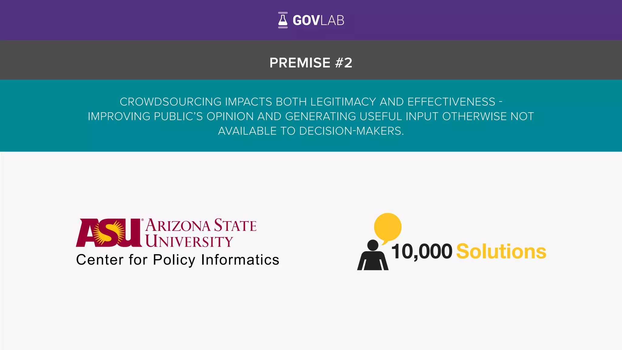 PREMISE #2
CROWDSOURCING IMPACTS BOTH LEGITIMACY AND EFFECTIVENESS -
IMPROVING PUBLIC’S OPINION AND GENERATING USEFUL INPUT OTHERWISE NOT
AVAILABLE TO DECISION-MAKERS.
Center for Policy Informatics
 