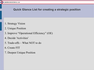 1. Strategy Vision
2. Unique Position
3. Improve “Operational Efficiency” (OE)
4. Decide 'Activities'
5. Trade-offs – What NOT to do
6. Create FIT
7. Deepen Unique Position
Quick Glance List for creating a strategic position
 