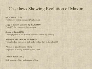 Case laws Showing Evolution of Maxim
lott v. Wilkes (1820)
The famous spring-gun case (Negligence)
Skipp v. Eastern Counties Ry. Co.4 (I853)
Plaintiff's duty to attach the carriages
Senior v. Ward (I859)
The negligence of the plaintiff deprived him of any remedy.
Woodley v. Met. Dist. Ry. Co.3 (I877)
The defendant was not at fault and owed no duty to the plaintiff.
Thomas v. Quartermain (I887)
Employers' Liability Act in England 1880
Smith v. Baker (1891)
Risk was one of fact and not one of law
7
 