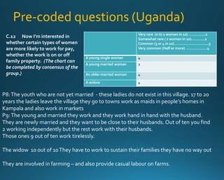 Pre-coded questions (Uganda) 
Very rare (0 to 1 women in 10) ……………1 
Somewhat rare ( 2 women in 10)………...2 
Common (3 or 4 in 10) ………………………...3 
Very common (Half or more) ……………….4 
A young single woman 4 
A young married woman 2 
An older married woman 4 
A widow 4 
C.12 Now I’m interested in 
whether certain types of women 
are more likely to work for pay, 
whether the work is on or off 
family property. (The chart can 
be completed by consensus of the 
group.) 
P8: The youth who are not yet married - these ladies do not exist in this village. 17 to 20 
years the ladies leave the village they go to towns work as maids in people’s homes in 
Kampala and also work in markets 
P9: The young and married they work and they work hand in hand with the husband. 
They are newly married and they want to be close to their husbands. Out of ten you find 
2 working independently but the rest work with their husbands. 
Those ones 9 out of ten work tirelessly. 
The widow 10 out of 10 They have to work to sustain their families they have no way out 
They are involved in farming – and also provide casual labour on farms. 
 