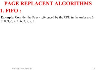 14
PAGE REPLACENT ALGORITHMS
Prof. Gharu Anand N.
1. FIFO :
Example: Consider the Pages referenced by the CPU in the order are 6,
7, 8, 9, 6, 7, 1, 6, 7, 8, 9, 1
 