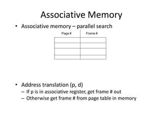 Associative Memory
• Associative memory – parallel search
• Address translation (p, d)
– If p is in associative register, get frame # out
– Otherwise get frame # from page table in memory
Page # Frame #
 