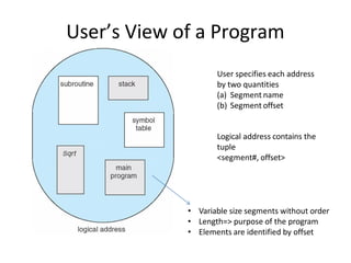 User’s View of a Program
User specifies each address
by two quantities
(a) Segment name
(b) Segment offset
Logical address contains the
tuple
<segment#, offset>
• Variable size segments without order
• Length=> purpose of the program
• Elements are identified by offset
 
