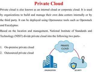 Private Cloud
Private cloud is also known as an internal cloud or corporate cloud. It is used
by organizations to build and manage their own data centers internally or by
the third party. It can be deployed using Opensource tools such as Openstack
and Eucalyptus.
Based on the location and management, National Institute of Standards and
Technology (NIST) divide private cloud into the following two parts-
1. On-premise private cloud
2. Outsourced private cloud
 