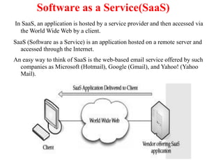 Software as a Service(SaaS)
In SaaS, an application is hosted by a service provider and then accessed via
the World Wide Web by a client.
SaaS (Software as a Service) is an application hosted on a remote server and
accessed through the Internet.
An easy way to think of SaaS is the web-based email service offered by such
companies as Microsoft (Hotmail), Google (Gmail), and Yahoo! (Yahoo
Mail).
 