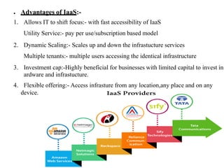 ● Advantages of IaaS:-
1. Allows IT to shift focus:- with fast accessibility of IaaS
Utility Service:- pay per use/subscription based model
2. Dynamic Scaling:- Scales up and down the infrastucture services
Multiple tenants:- multiple users accessing the identical infrastructure
3. Investment cap:-Highly beneficial for businesses with limited capital to invest in
ardware and infrastucture.
4. Flexible offering:- Access infrasture from any location,any place and on any
device.
 