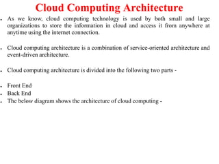 Cloud Computing Architecture
● As we know, cloud computing technology is used by both small and large
organizations to store the information in cloud and access it from anywhere at
anytime using the internet connection.
● Cloud computing architecture is a combination of service-oriented architecture and
event-driven architecture.
● Cloud computing architecture is divided into the following two parts -
● Front End
● Back End
● The below diagram shows the architecture of cloud computing -
 