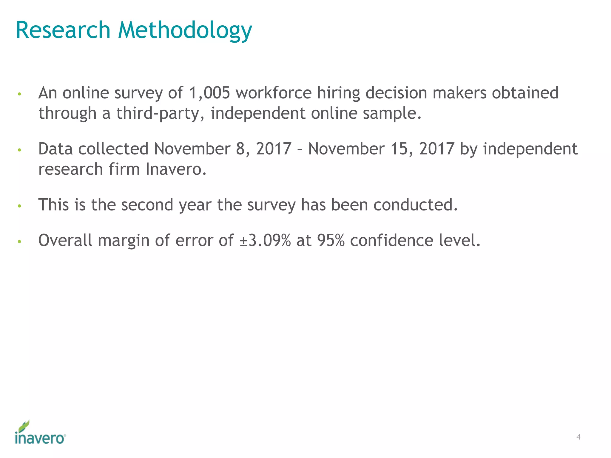 Research Methodology
• An online survey of 1,005 workforce hiring decision makers obtained
through a third-party, independent online sample.
• Data collected November 8, 2017 – November 15, 2017 by independent
research firm Inavero.
• This is the second year the survey has been conducted.
• Overall margin of error of ±3.09% at 95% confidence level.
4
 