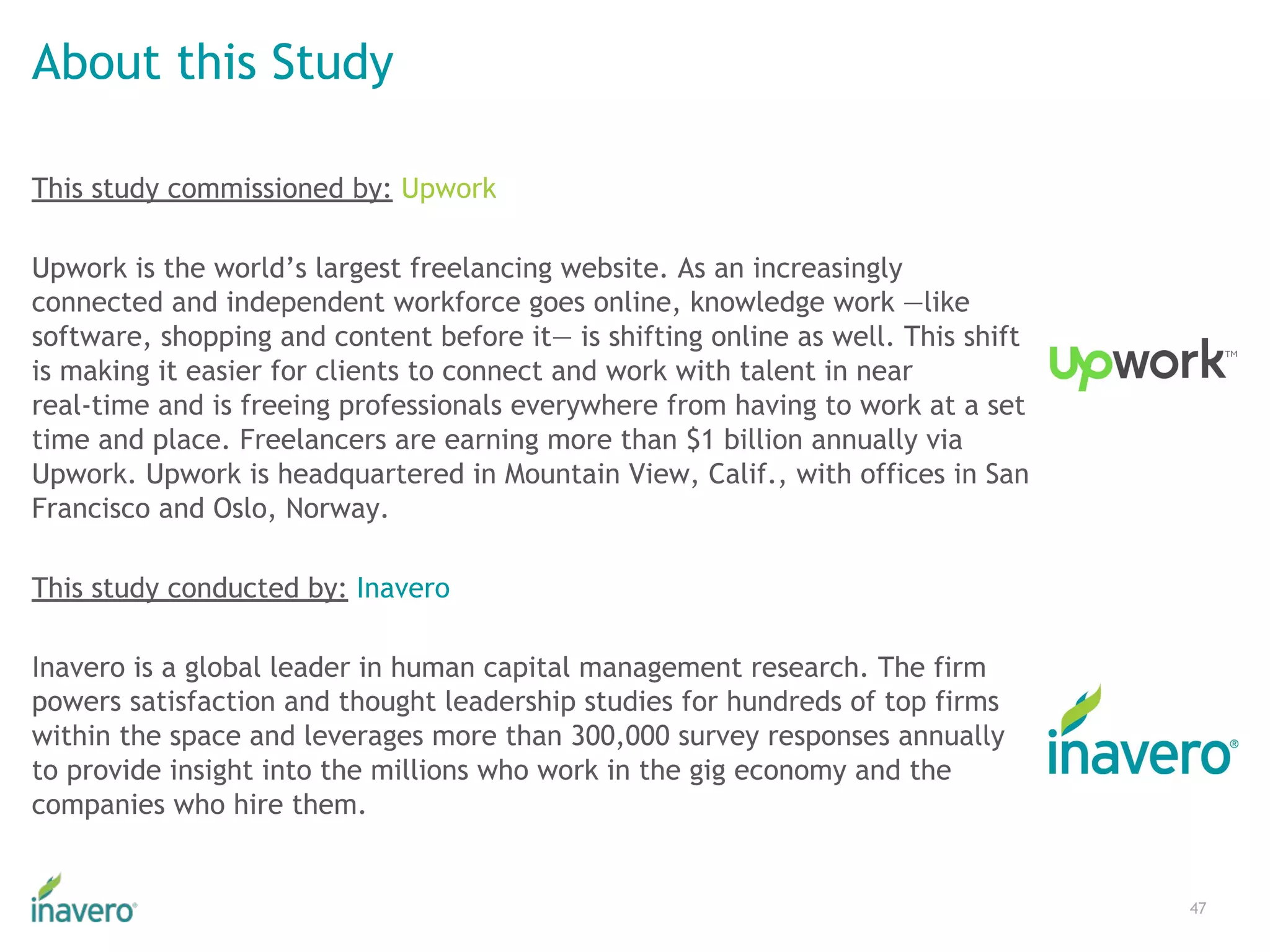 About this Study
This study commissioned by: Upwork
Upwork is the world’s largest freelancing website. As an increasingly
connected and independent workforce goes online, knowledge work —like
software, shopping and content before it— is shifting online as well. This shift
is making it easier for clients to connect and work with talent in near
real-time and is freeing professionals everywhere from having to work at a set
time and place. Freelancers are earning more than $1 billion annually via
Upwork. Upwork is headquartered in Mountain View, Calif., with offices in San
Francisco and Oslo, Norway.
This study conducted by: Inavero
Inavero is a global leader in human capital management research. The firm
powers satisfaction and thought leadership studies for hundreds of top firms
within the space and leverages more than 300,000 survey responses annually
to provide insight into the millions who work in the gig economy and the
companies who hire them.
47
 