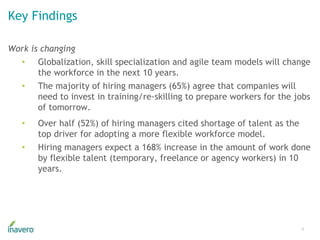 Key Findings
6
Work is changing
• Globalization, skill specialization and agile team models will change
the workforce in t...