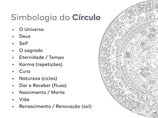 • O Universo
• Deus
• Self
• O sagrado
• Eternidade / Tempo
• Karma (repetições)
• Cura
• Natureza (ciclos)
• Dar e Receber (fluxo)
• Nascimento / Morte
• Vida
• Renascimento / Renovação (sol)
Simbologia do Círculo
 