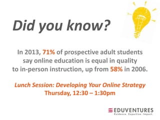 Did you know?
In 2013, 71% of prospective adult students
say online education is equal in quality
to in-person instruction, up from 58% in 2006.
Lunch Session: Developing Your Online Strategy
Thursday, 12:30 – 1:30pm
 