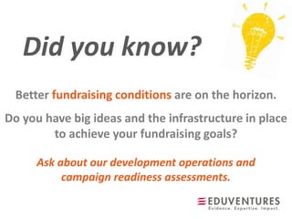 Did you know?
Ask about our development operations and
campaign readiness assessments.
Better fundraising conditions are on the horizon.
Do you have big ideas and the infrastructure in place
to achieve your fundraising goals?
 