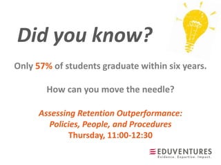 Did you know?
Assessing Retention Outperformance:
Policies, People, and Procedures
Thursday, 11:00-12:30
Only 57% of students graduate within six years.
How can you move the needle?
 