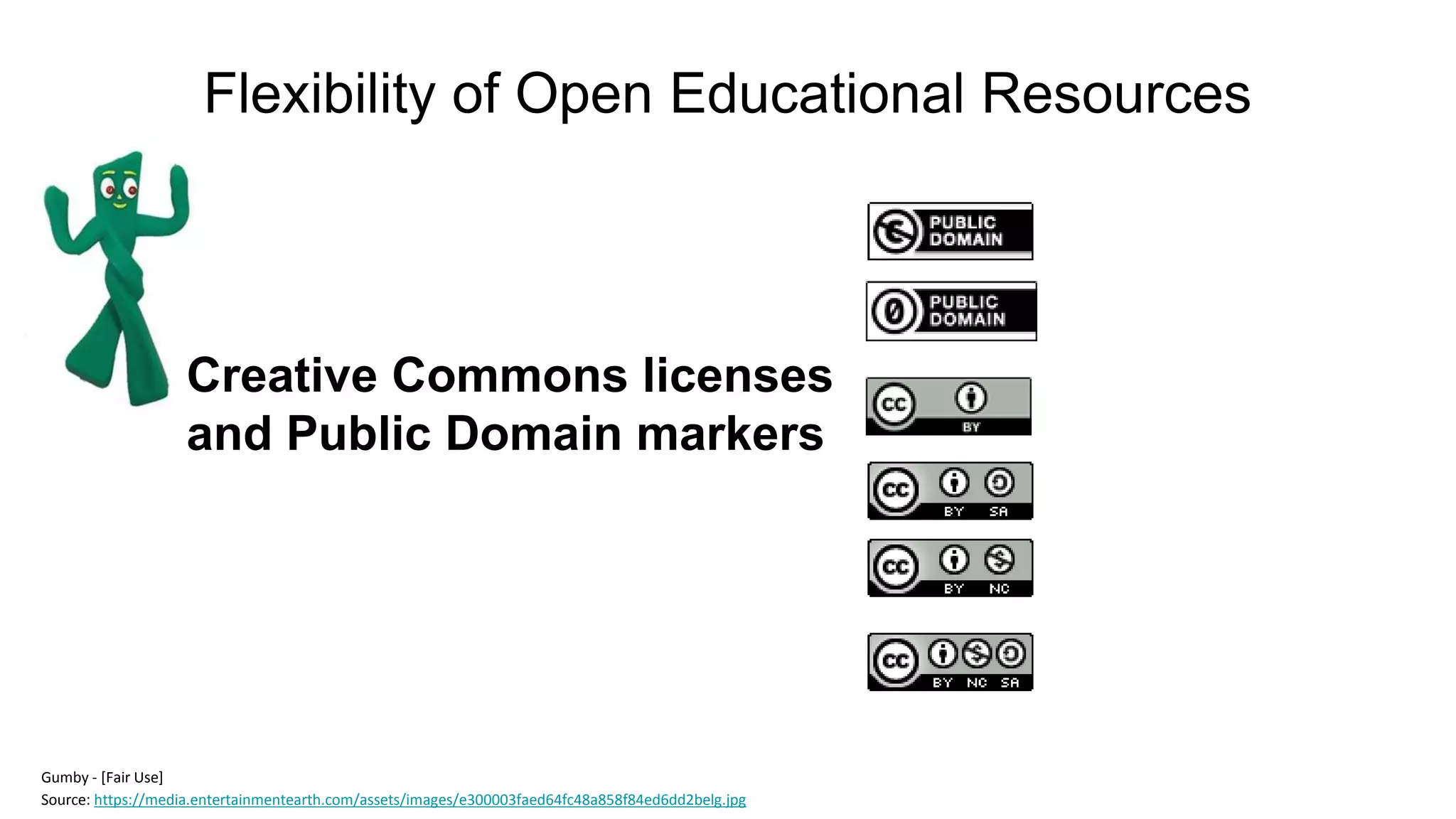 Flexibility of Open Educational Resources
Gumby - [Fair Use]
Source: https://media.entertainmentearth.com/assets/images/e300003faed64fc48a858f84ed6dd2belg.jpg
Creative Commons licenses
and Public Domain markers
 