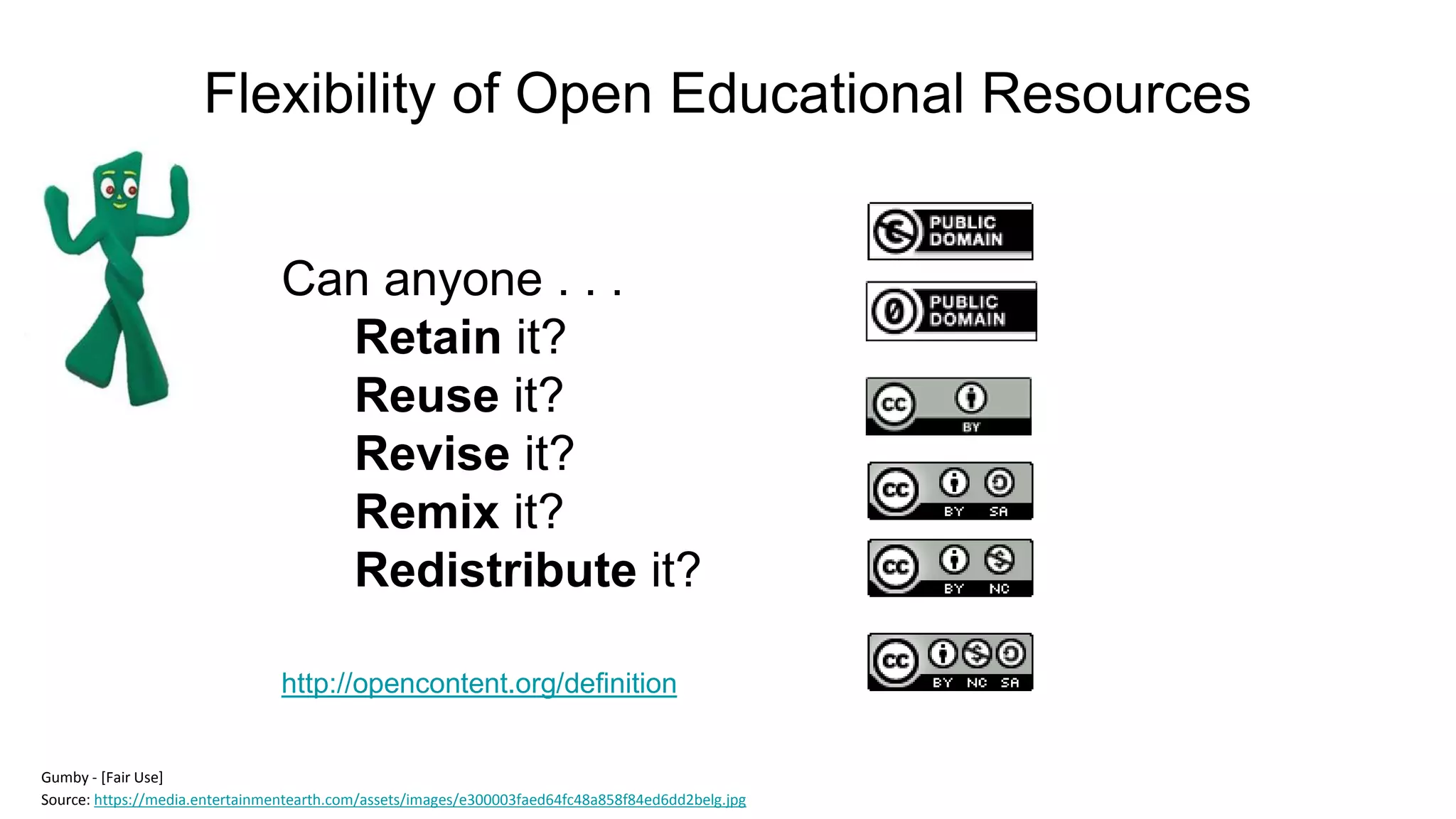 Flexibility of Open Educational Resources
Gumby - [Fair Use]
Source: https://media.entertainmentearth.com/assets/images/e300003faed64fc48a858f84ed6dd2belg.jpg
Can anyone . . .
Retain it?
Reuse it?
Revise it?
Remix it?
Redistribute it?
http://opencontent.org/definition
 