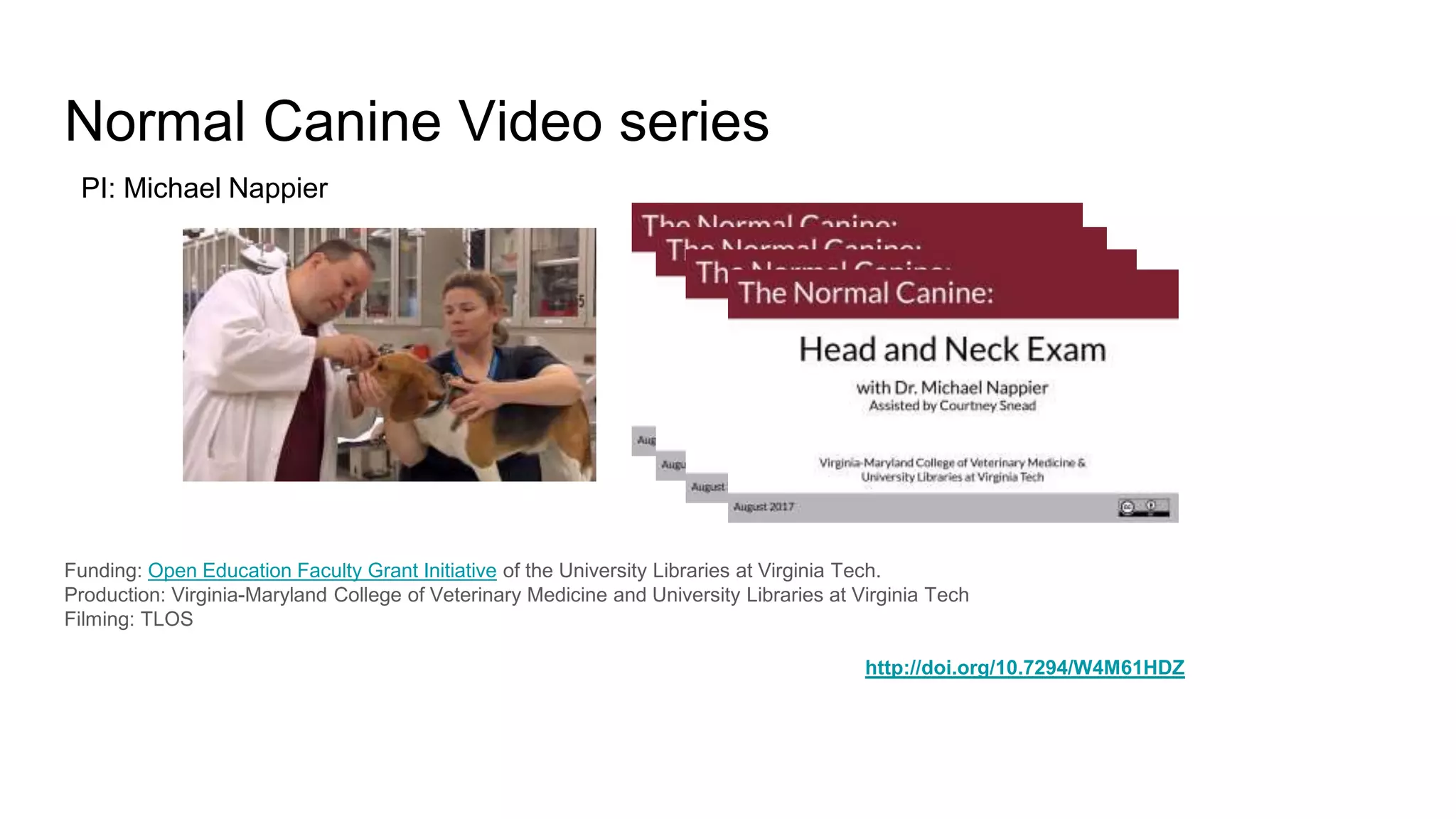 Normal Canine Video series
Funding: Open Education Faculty Grant Initiative of the University Libraries at Virginia Tech.
Production: Virginia-Maryland College of Veterinary Medicine and University Libraries at Virginia Tech
Filming: TLOS
http://doi.org/10.7294/W4M61HDZ
PI: Michael Nappier
 