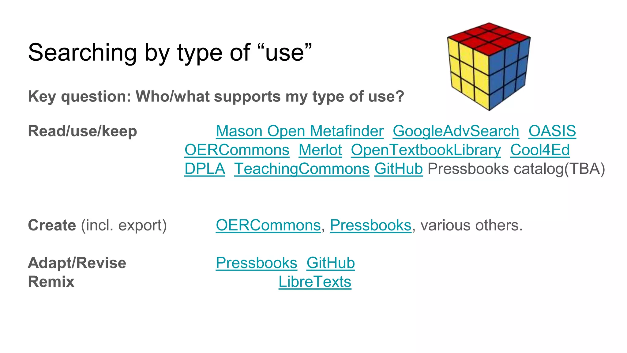 Searching by type of “use”
Key question: Who/what supports my type of use?
Read/use/keep Mason Open Metafinder GoogleAdvSearch OASIS
OERCommons Merlot OpenTextbookLibrary Cool4Ed
DPLA TeachingCommons GitHub Pressbooks catalog(TBA)
Create (incl. export) OERCommons, Pressbooks, various others.
Adapt/Revise Pressbooks GitHub
Remix LibreTexts
 
