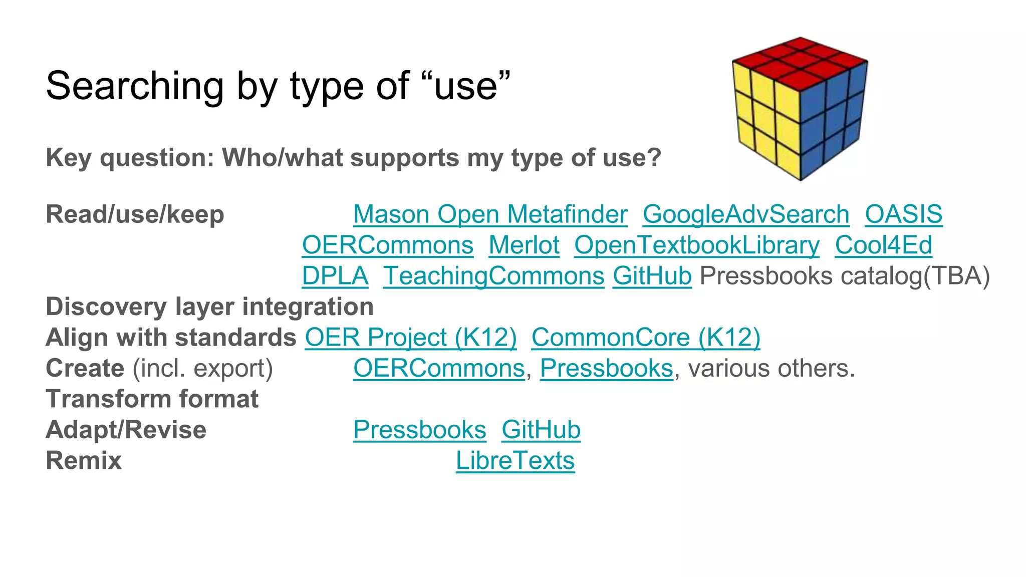 Searching by type of “use”
Key question: Who/what supports my type of use?
Read/use/keep Mason Open Metafinder GoogleAdvSearch OASIS
OERCommons Merlot OpenTextbookLibrary Cool4Ed
DPLA TeachingCommons GitHub Pressbooks catalog(TBA)
Discovery layer integration
Align with standards OER Project (K12) CommonCore (K12)
Create (incl. export) OERCommons, Pressbooks, various others.
Transform format
Adapt/Revise Pressbooks GitHub
Remix LibreTexts
 