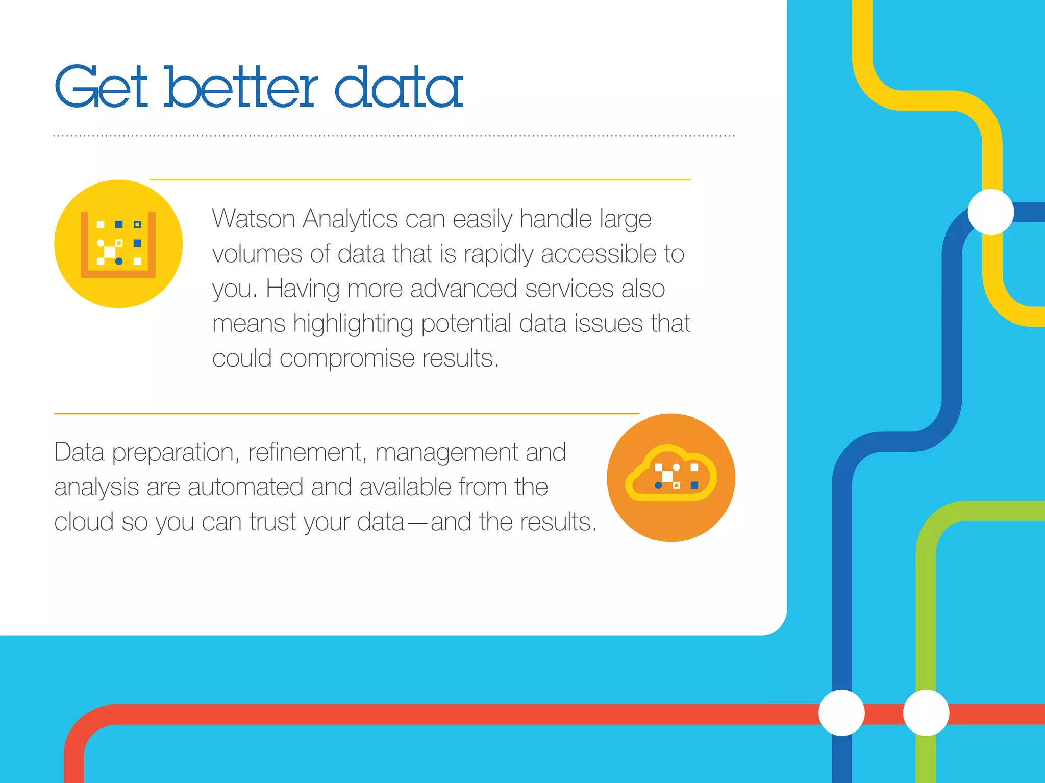 Get better data
Watson Analytics can easily handle large
volumes of data that is rapidly accessible to
you. Having more advanced services also
means highlighting potential data issues that
could compromise results.
Data preparation, reﬁnement, management and
analysis are automated and available from the
cloud so you can trust your data—and the results.
 