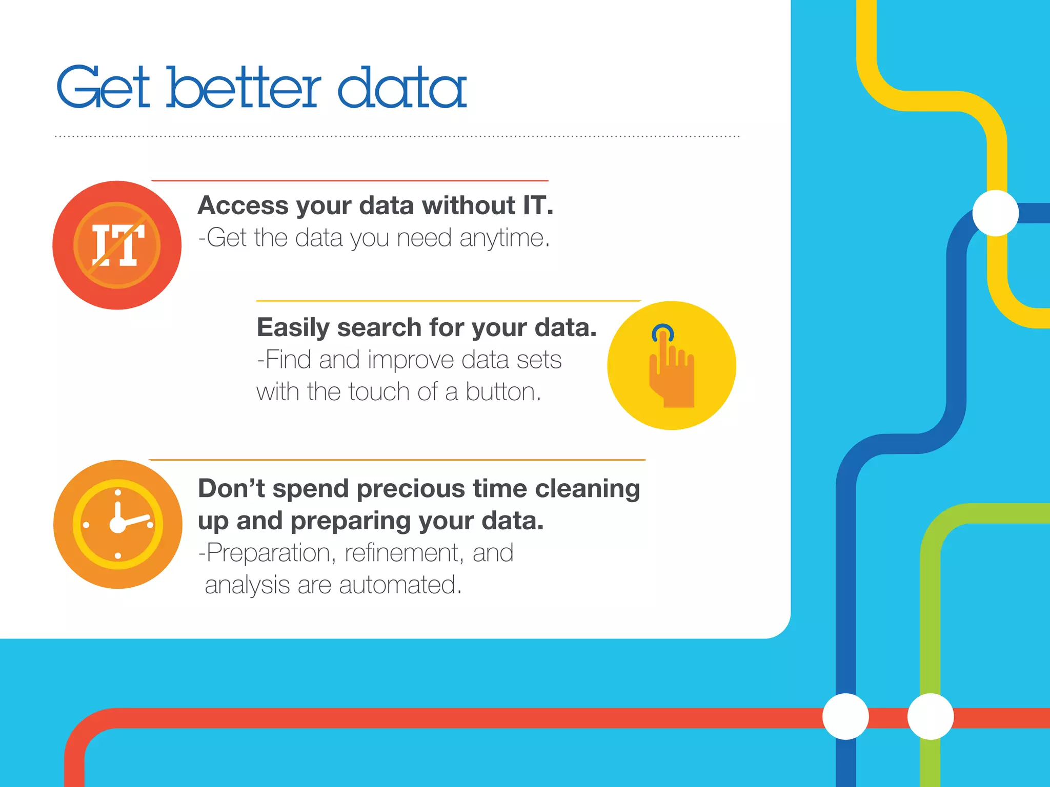 Get better data
Access your data without IT.
-Get the data you need anytime.
Don’t spend precious time cleaning
up and preparing your data.
-Preparation, reﬁnement, and
analysis are automated.
Easily search for your data.
-Find and improve data sets
with the touch of a button.
 