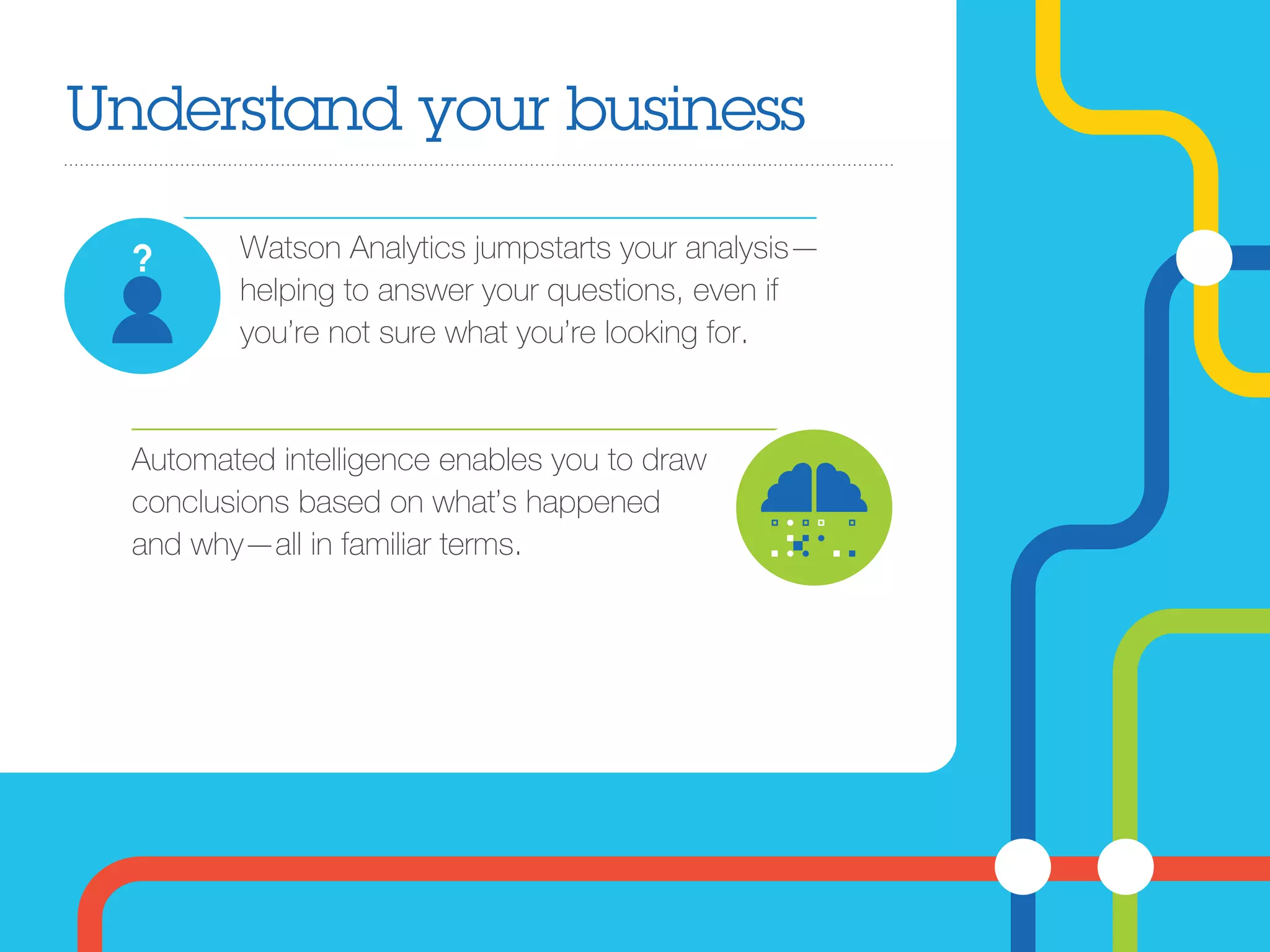 Understand your business
Watson Analytics jumpstarts your analysis—
helping to answer your questions, even if
you’re not sure what you’re looking for.
Automated intelligence enables you to draw
conclusions based on what’s happened
and why—all in familiar terms.
 