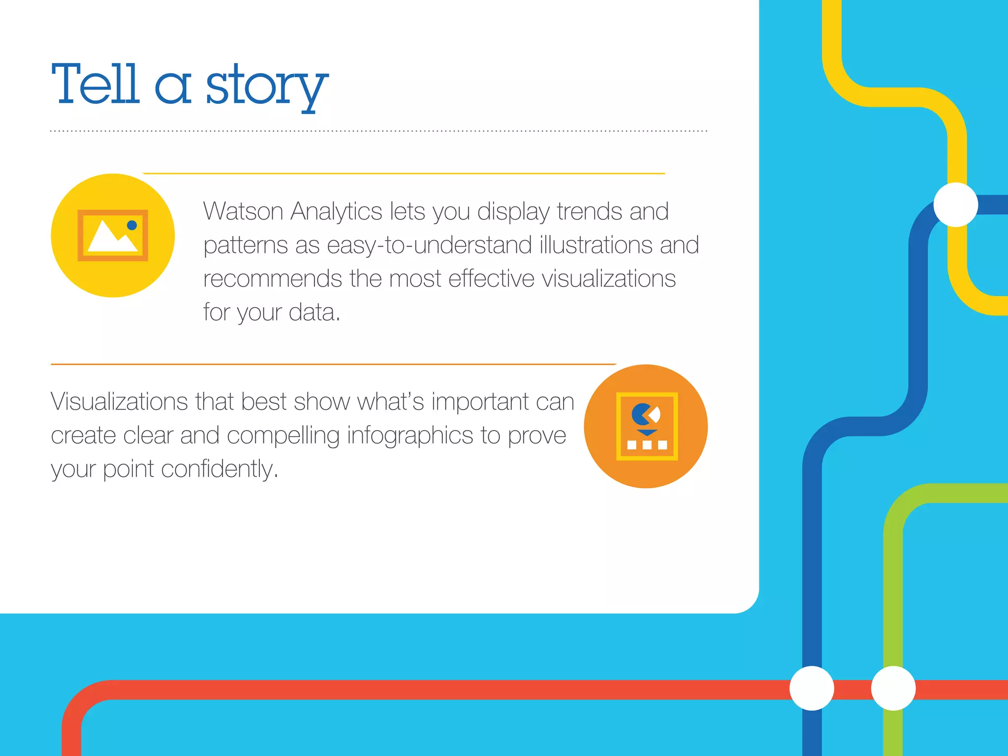 Tell a story
Watson Analytics lets you display trends and
patterns as easy-to-understand illustrations and
recommends the most effective visualizations
for your data.
Visualizations that best show what’s important can
create clear and compelling infographics to prove
your point conﬁdently.
 