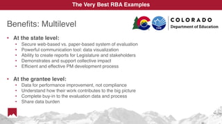 Benefits: Multilevel
• At the state level:
• Secure web-based vs. paper-based system of evaluation
• Powerful communication tool: data visualization
• Ability to create reports for Legislature and stakeholders
• Demonstrates and support collective impact
• Efficient and effective PM development process
• At the grantee level:
• Data for performance improvement, not compliance
• Understand how their work contributes to the big picture
• Complete buy-in to the evaluation data and process
• Share data burden
The Very Best RBA Examples
 