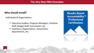 The Very Best RBA Examples
Who should enroll?
Individuals & Organizations
ü Executive Leaders, Program Managers, Frontline
Staff, Budget Staff, Consultants, etc.
ü Coalitions, Organizations, Universities,
Departments, etc.
 