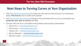 • Visit Clearimpact.com/scorecard to create your free account and build your own Scorecard
today. Free forever and no credit card required!
• Visit Clearimpact.com/virtual to schedule a virtual workshop with one of our consultants and
accelerate your path to results with RBA.
• Connect with one of our consultants with questions about today’s presentation:
• Karen Finn – karen@clearimpact.com
• Dan Duncan – dan@clearimpact.com
• Heloisa Vila – heloisa@clearimpact.com
• Marcos Marquez – marcos@clearimpact.com
• Marcais Frazier – marcais@clearimpact.com
The Very Best RBA Examples
Next Steps to Turning Curves at Your Organization
 