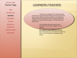 [ Student Page ] Title Introduction Learners Standards Process Resources Teacher Page This lesson is designed for 9 th  grade students as well as 10 th  grade students. Because of the content of the book, and the specific emotional, physical, and intellectual changes that are taking place with the younger high school students, it is best to limit this lesson to the freshman and sophomores.  For this lesson students need to know:   - The content of the novel “Stargirl” by Jerry Spinelli - Have background knowledge of current  stereotypes in present high school settings - Have information about the different issues that occur in the 14-18 year old adolescent age  group.  Evaluation Teacher Script Conclusion 