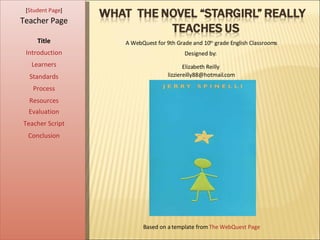 [ Student Page ] Title Introduction Learners Standards Process Resources Teacher Page A WebQuest for 9th Grade and 10 th  grade English Classrooms Designed by:  Elizabeth Reilly  [email_address] Based on a template from  The WebQuest Page Evaluation Teacher Script Conclusion 