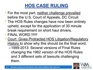 HOS CASE RULING
• For the most part, neither challenge prevailed

•
•
•

10

before the U.S. Court of Appeals, DC Circuit
The HOS Rules changes have now been entirely
upheld, except for the application of 30 minute
break requirement on short haul drivers.
FINAL WORD !!!!!!
Court Gives Protracted HOS Litigation/Regulatory
History to show why this should be the final word.
–1999-2013: Several versions of Final Rules
changing the 1962 version of the HOS Rules
and 3 different sets of lawsuits challenging
them.
TRUCKING LEGISLATIVE AND REGULATORY DEVELOPMENTS, MID-YEAR 2013

 