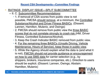 Recent CSA Developments—Committee Findings

• RATINGS DISPLAY ISSUE—SPLIT SUBCOMMITTEE
– II. C. Subcommittee Recommendations:
• 1. If removal of CSA scores from public view is not
possible, FMCSA should remove, at a minimum, the Controlled
Substance/Alcohol and Driver Fitness BASICs. (Dissent:
Lannen, Hamilton, Mulanix, and Owings)
• 2. FMCSA should remove from public view the three BASIC
scores that do not correlate strongly to crash risk (HM, Driver
Fitness, Controlled Substance/Alcohol).
• 3. Keep the Crash Indicator BASIC removed from public view.
• 4. For the remaining three BASICs (Unsafe Driving, Vehicle
Maintenance, Hours of Service), keep those in public view.
• 5. While the Agency should explain what the data is (and what it
is not), FMCSA should not provide guidance or encouragement
on how to use SMS data for carrier selection (e.g., by
shippers, brokers, insurance companies, etc.). Direction to users
should be explicit. (Dissent: Lannen, Owings; Abstain:
Hamilton, Mulanix)
19

TRUCKING LEGISLATIVE AND REGULATORY DEVELOPMENTS, MID-YEAR 2013

 