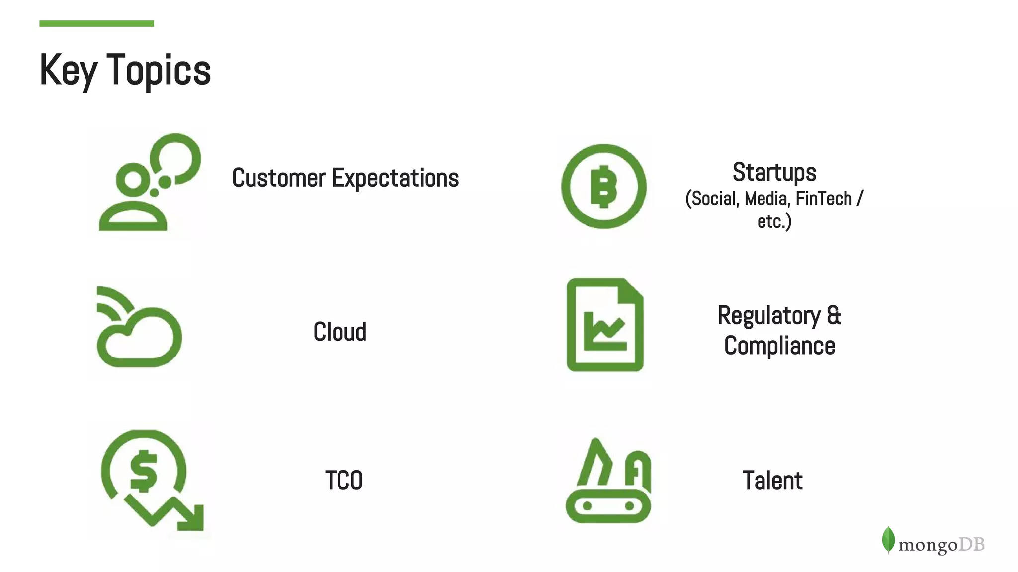 Key Topics
Regulatory &
Compliance
Customer Expectations Startups
(Social, Media, FinTech /
etc.)
Cloud
TCO Talent
 